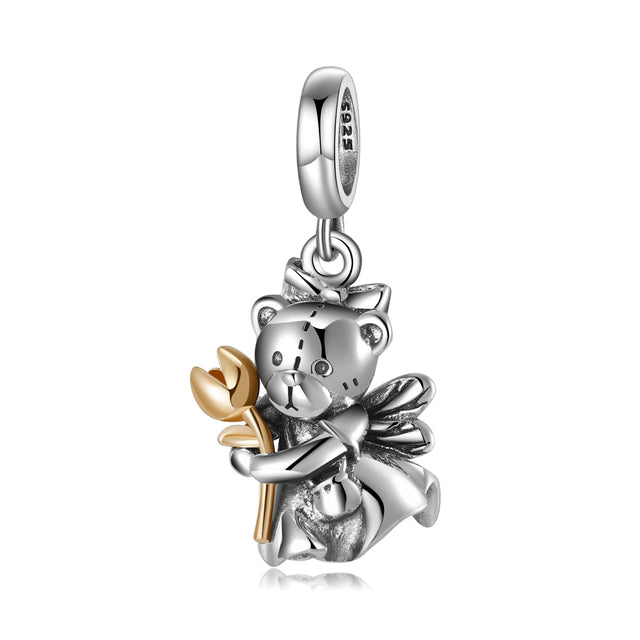 925 Sterling Silver,  Teddy Holding A Flower Charm