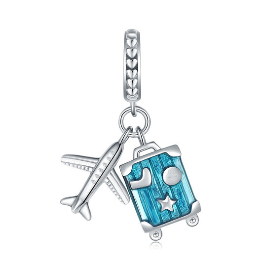 925 Sterling Silver, Airplane And Suitcase Travel Charm
