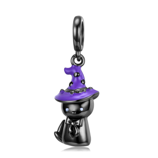 925 Sterling Silver, Black Cat Witch Purple Hat Charm