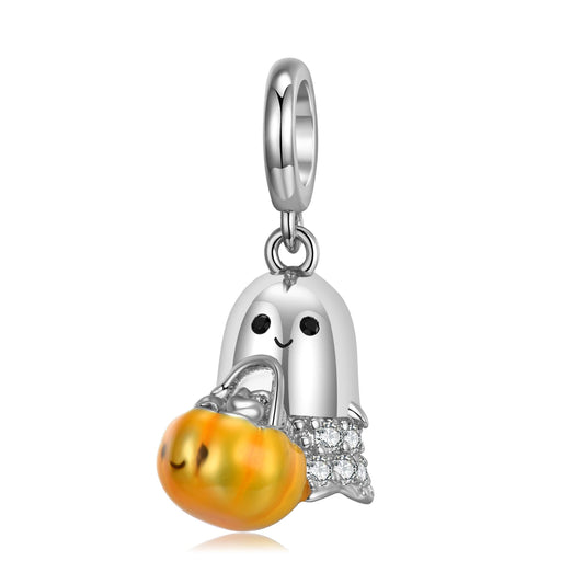 925 Sterling Silver, Trick or Treat Ghost Pumpkin Charm