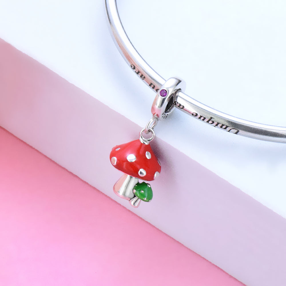 925 Sterling Silver, Red And Green Mushrooms Charm