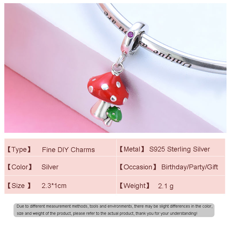 925 Sterling Silver, Red And Green Mushrooms Charm
