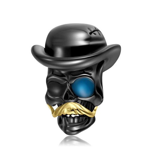 925 Sterling Silver, Black Skull Golden Mustache Charm