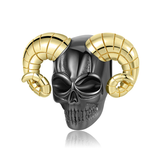 925 Sterling Silver, Black Skull Golden Horns Charm