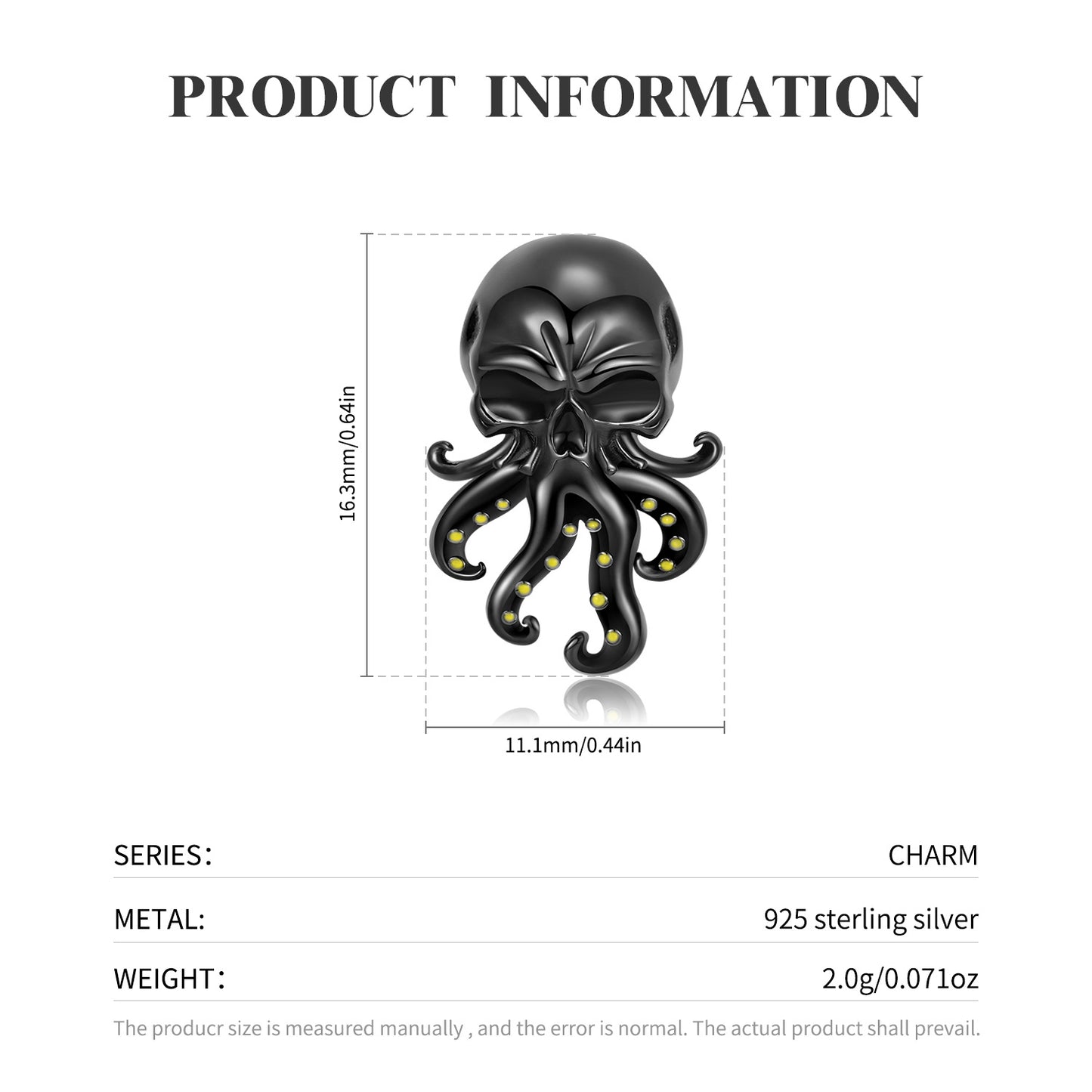 925 Sterling Silver,  Black Octopus Charm