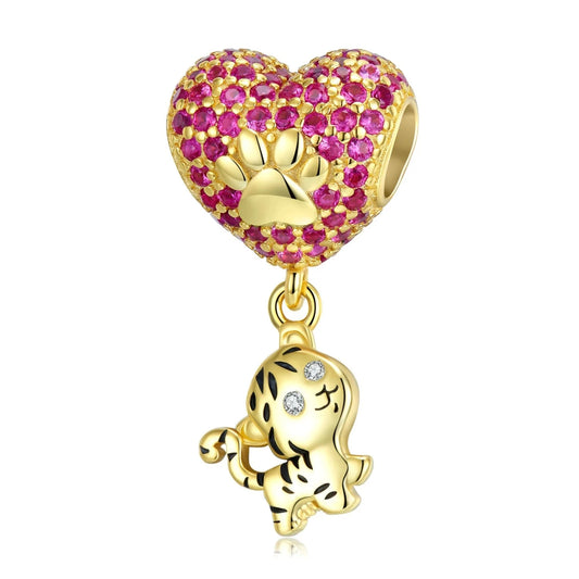 925 Sterling Silver, Golden Cute Little Tiger Paw Heart Charm