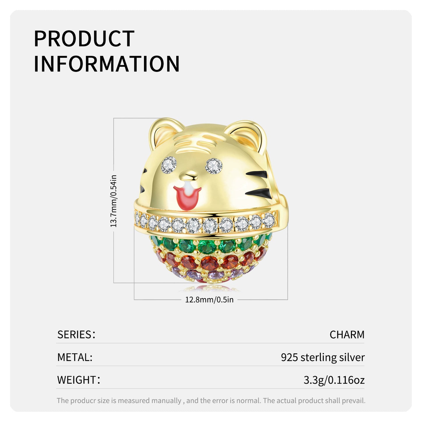925 Sterling Silver, Golden Cute Baby Tiger Charm