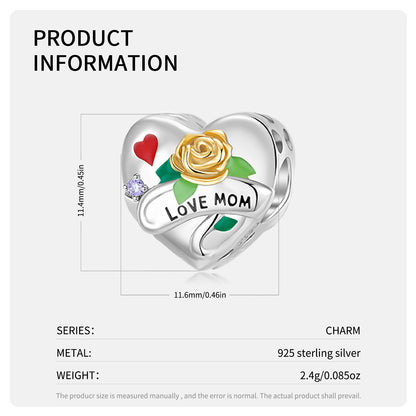 925 Sterling Silver, I Love You Mom Heart Charm