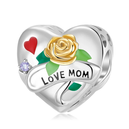 925 Sterling Silver, I Love You Mom Heart Charm