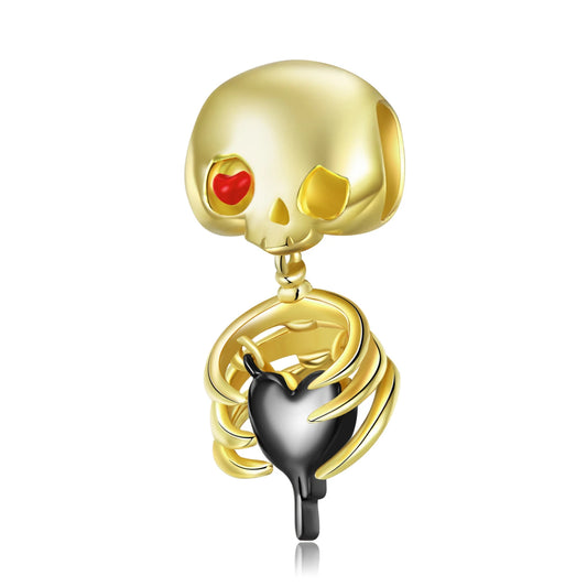 925 Sterling Silver, Golden Skeleton Black Heart Charm