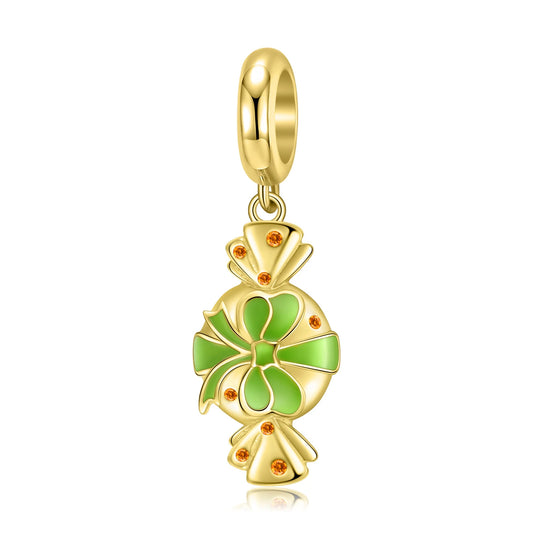 925 Sterling Silver, Golden Candy Green Ribbon Charm
