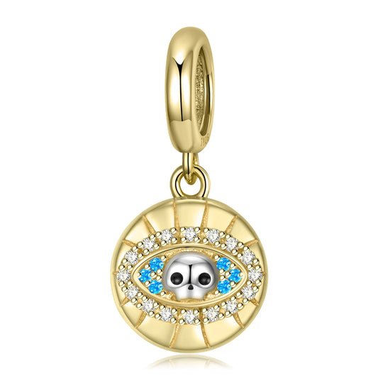 925 Sterling Silver, Golden Skull Eye Medal Charm