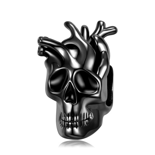 925 Sterling Silver, Black Skull Heart Branches Charm
