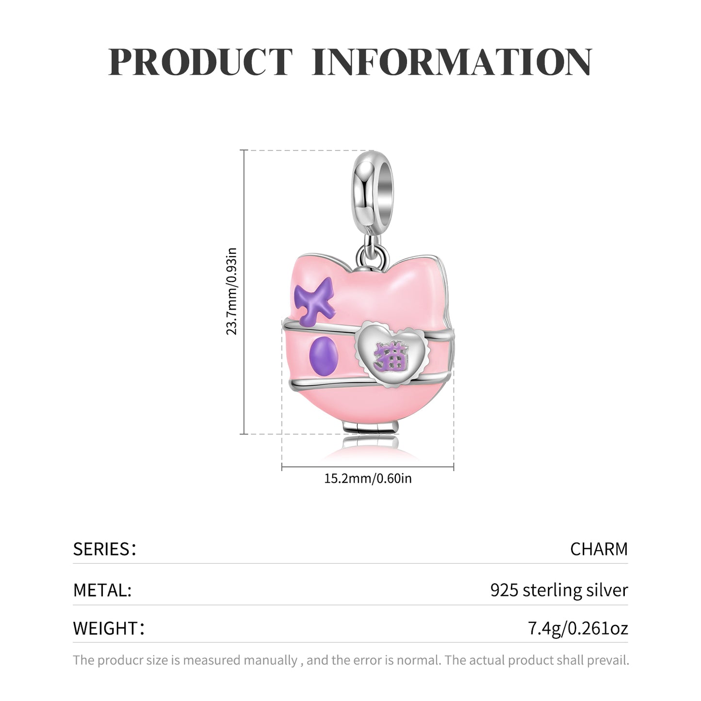 925 Sterling Silver, Eyepatch Pink Cat Charm