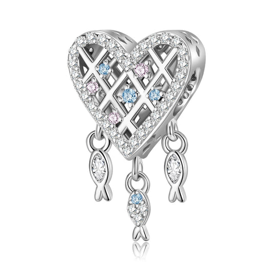 925 Sterling Silver, Openwork Heart with Fish Charm