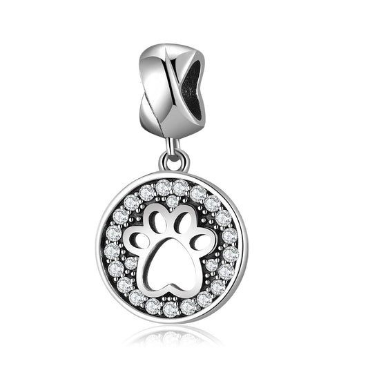 925 Sterling Silver, Sparking Pet Paw Pendant Charm Dangle