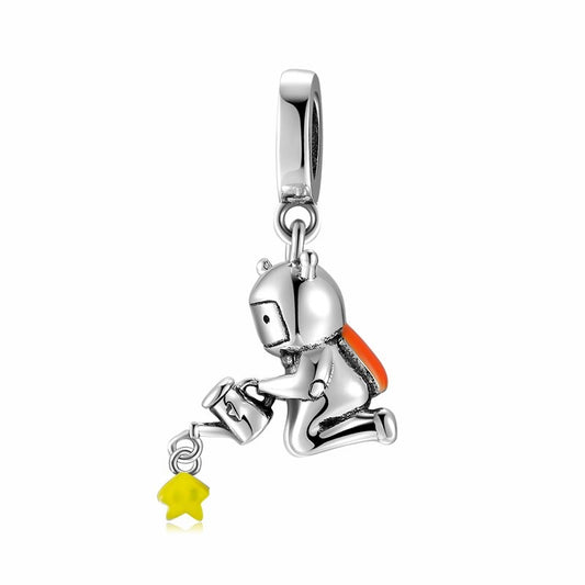 925 Sterling Silver, Astronaut in Outer Space With Star Pendant Dangle Charm