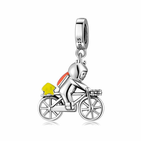 925 Sterling Silver, Astronaut in Outer Space With Bike Pendant Dangle Charm
