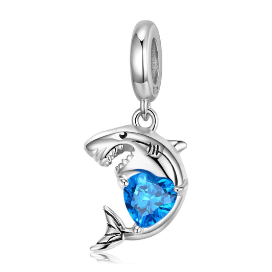 925 Sterling Silver, Shark with Blue Crystals Charm Pendant Dangle