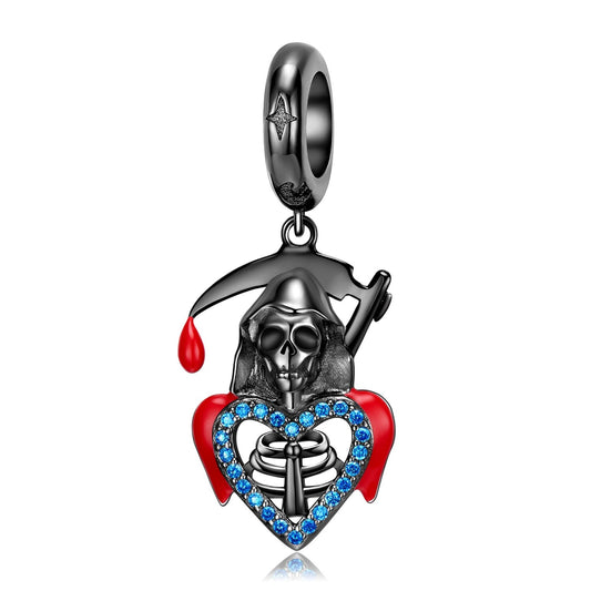 925 Sterling Silver, Grim Reaper Death Skull Pendant Dangle Charm