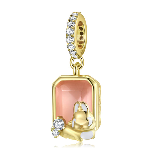 925 Sterling Silver, Little Golden Bunny In Rose Crystal Charm