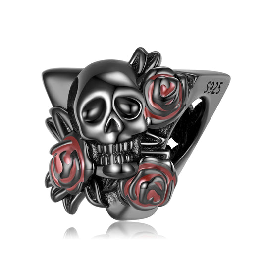 925 Sterling Silver, Red Roses And Black Skull Charm