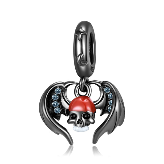 925 Sterling Silver, Black Skull With Wings Charm