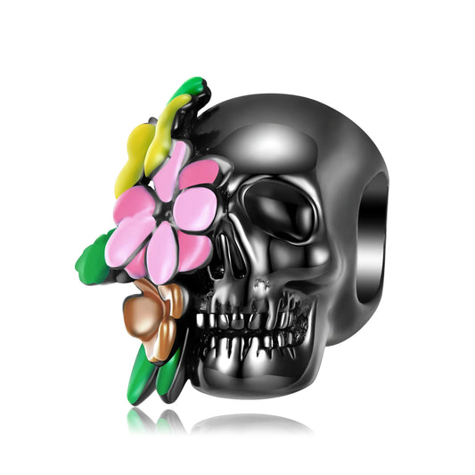 925 Sterling Silver, Black Skull Rose Flowers Charm