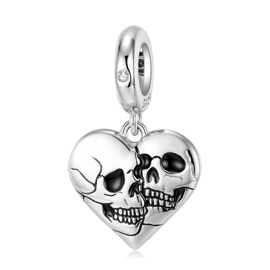 925 Sterling Silver, Two Skulls Forever In One Heart Charm
