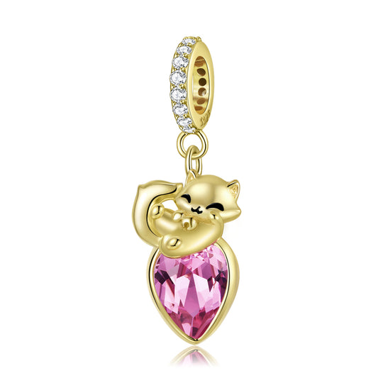 925 Sterling Silver, Cute Kitty On Rose Crystal Charm