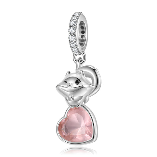 925 Sterling Silver, Cute Kitty On Rose Heart Charm